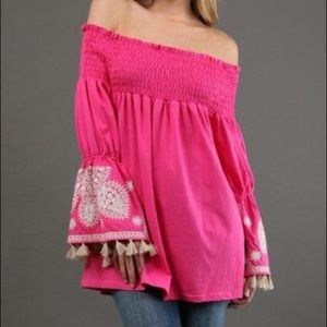 Vava by Joy Hon Pink Tassel Embroidered Blouse